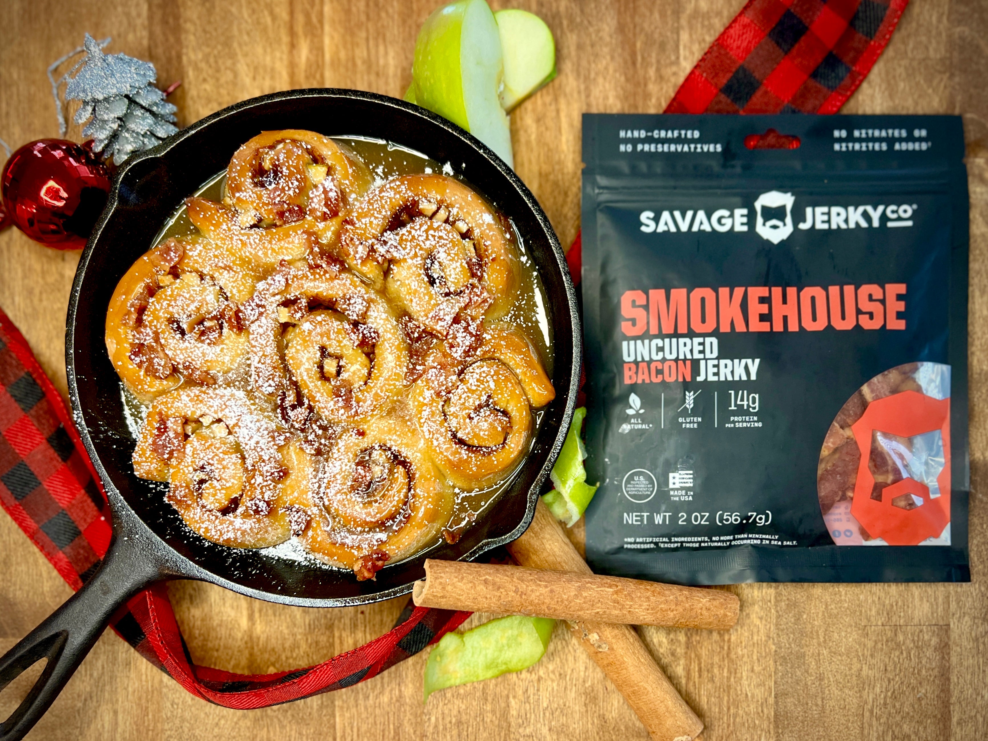 Caramel Apple Cider Cinnamon Rolls with Smokehouse Bacon Jerky Crumbles