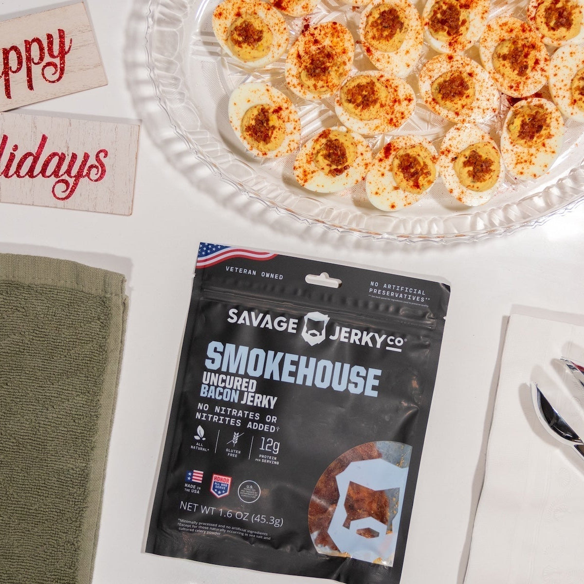 deviled eggs with smokehouse bacon jerky