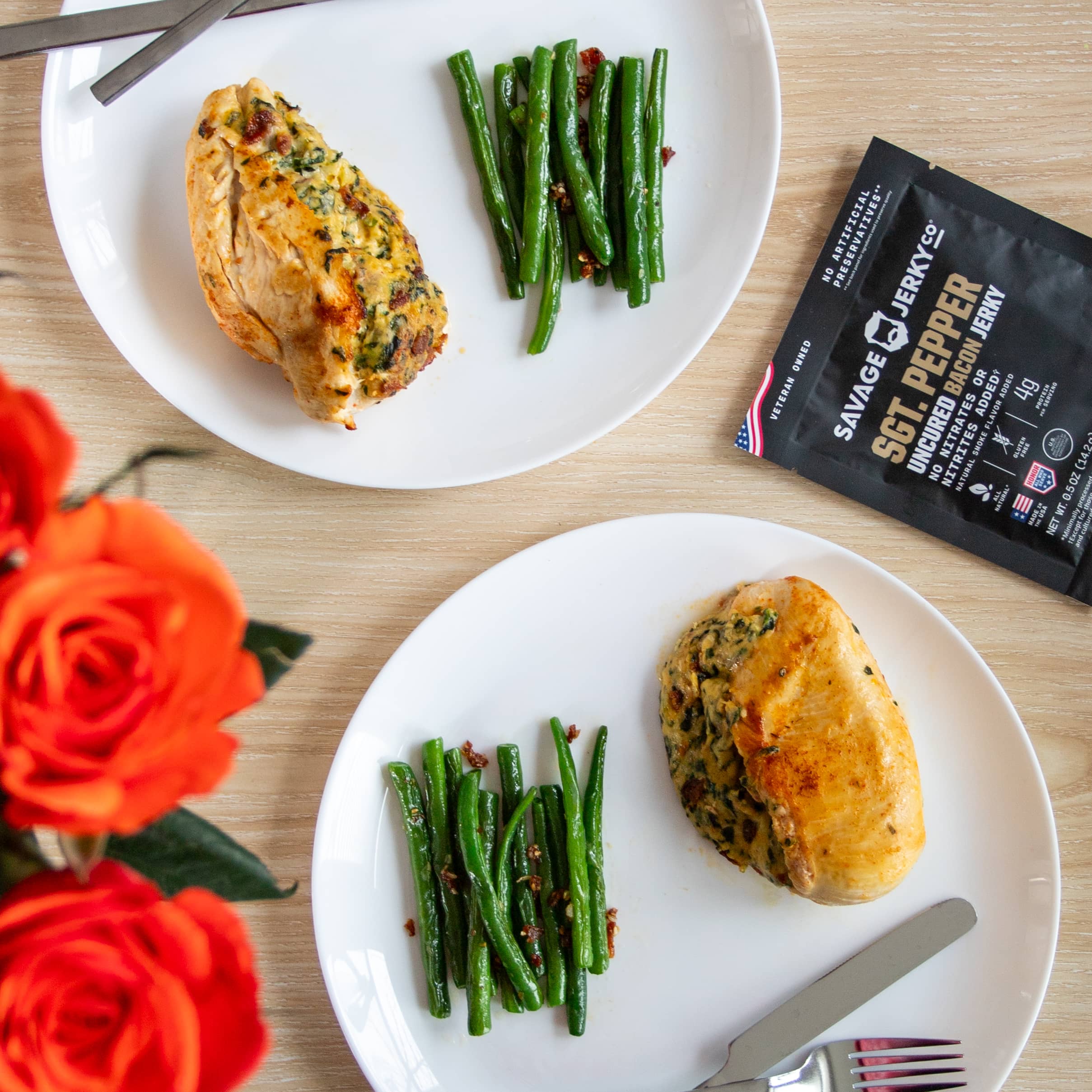 Stuffed Chicken & Green Beans With Sgt. Pepper Bacon Jerky