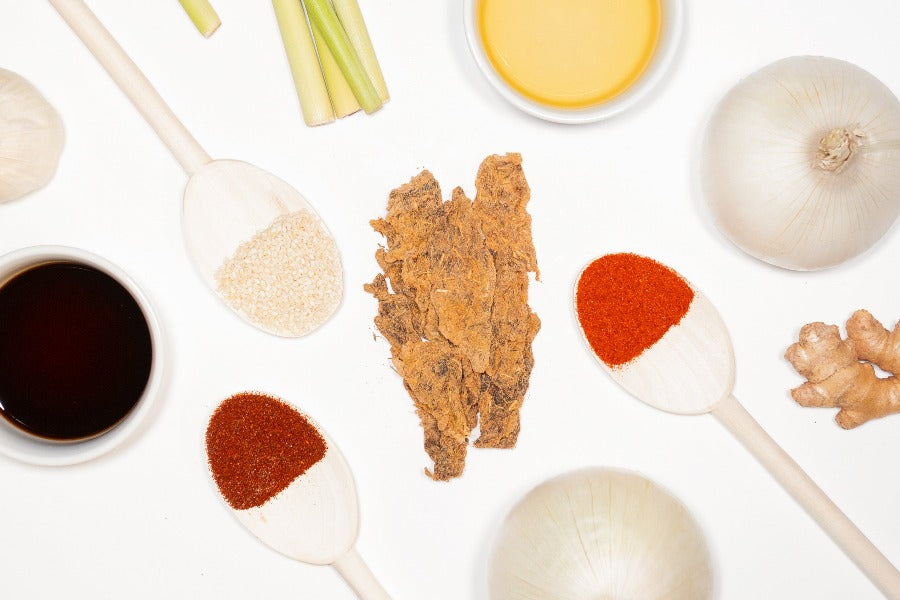 umami zing zero sugar beef jerky surrounded by ingredients