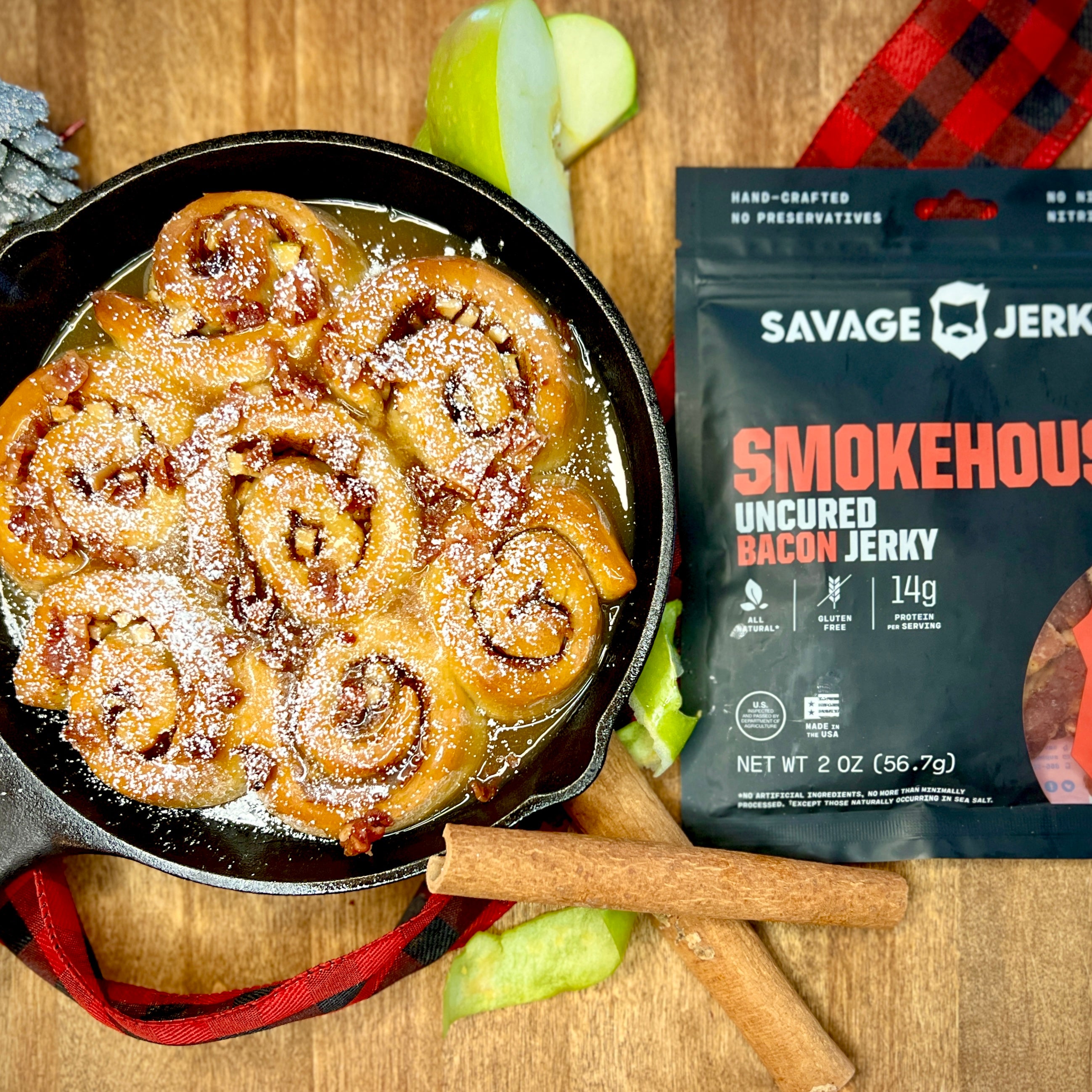 Caramel Apple Cider Cinnamon Rolls with Smokehouse Bacon Jerky Crumbles