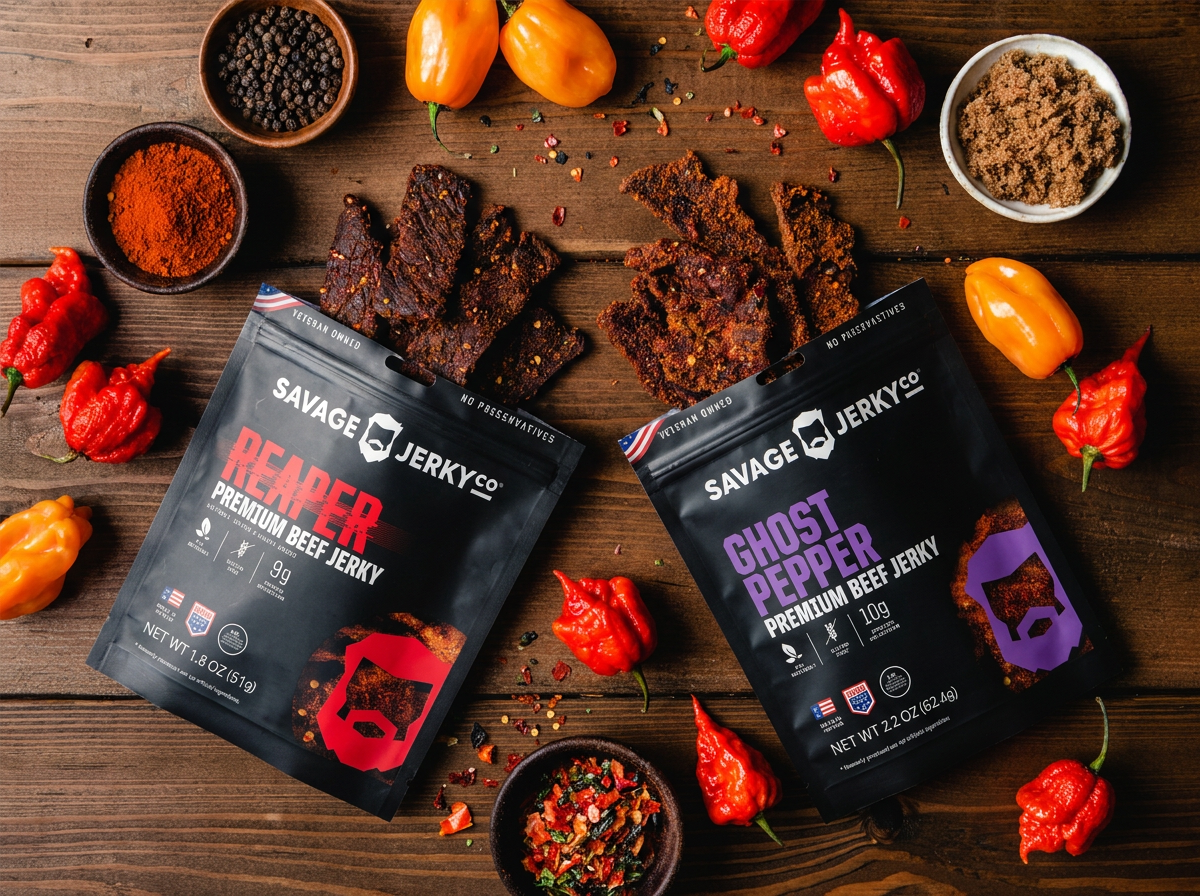 savage jerky reaper and ghost pepper beef jerky bags surrounded by ingredients