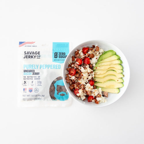 egg white scramble bowl with zero sugar purely peppered bacon jerky