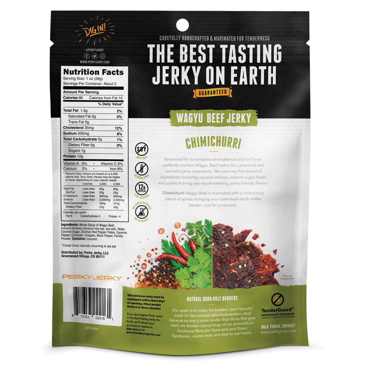 Perky Jerky Keto Friendly Chimichurri Wagyu Beef Jerky front view