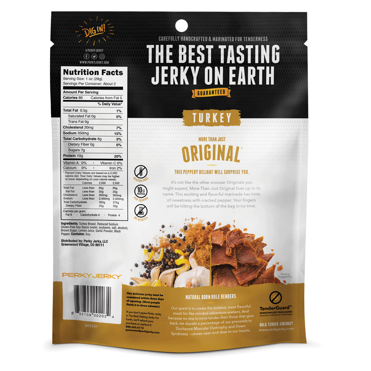 2.2oz More than Original Turkey Jerky Back of Bag With Nutrition and Ingredients