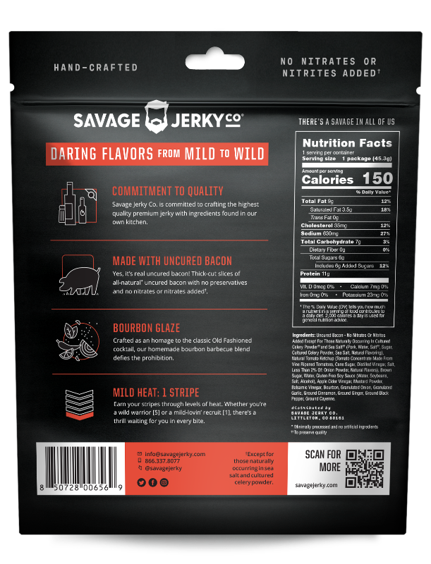 Bourbon Jerky Bourbon Glaze Uncured Bacon Jerky Savage Jerky Co.