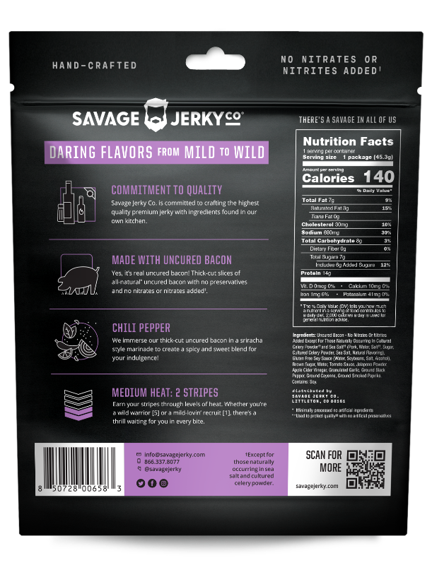 Natural Sriracha Bacon Jerky For Sale Online Savage Jerky Co.
