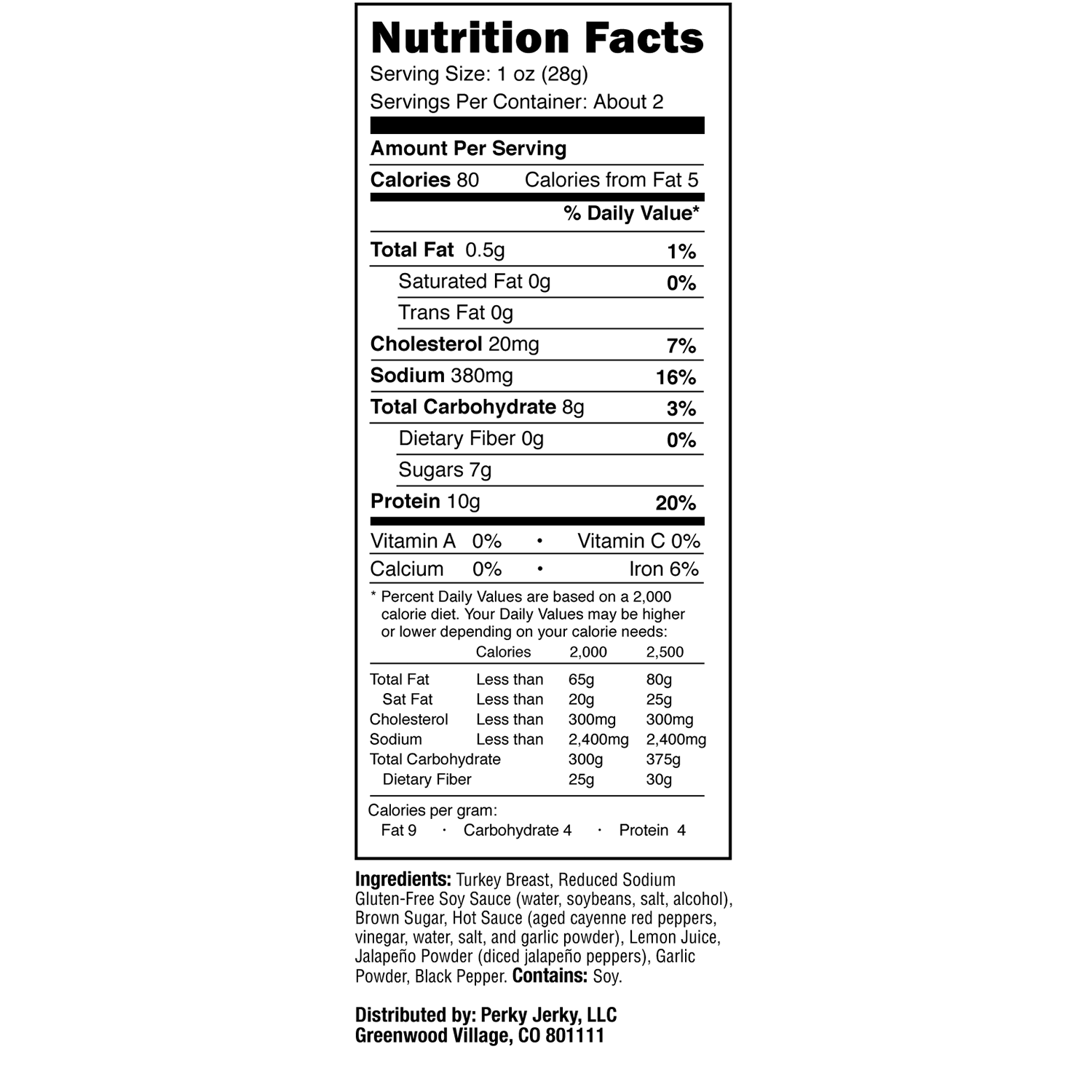 Perky Jerky Sweet and Snappy Turkey Nutrition and Ingredients