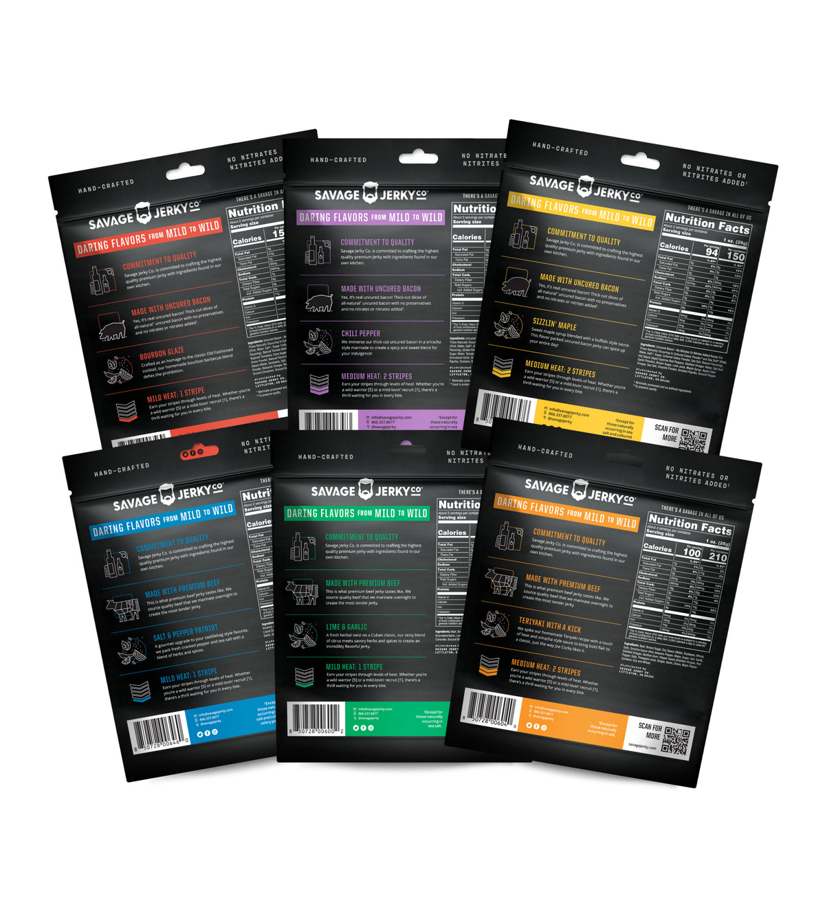 Six black pouches of Savage Jerky dog food arranged in a fan shape on a white background, each showing a different flavor with its corresponding color-coded label.