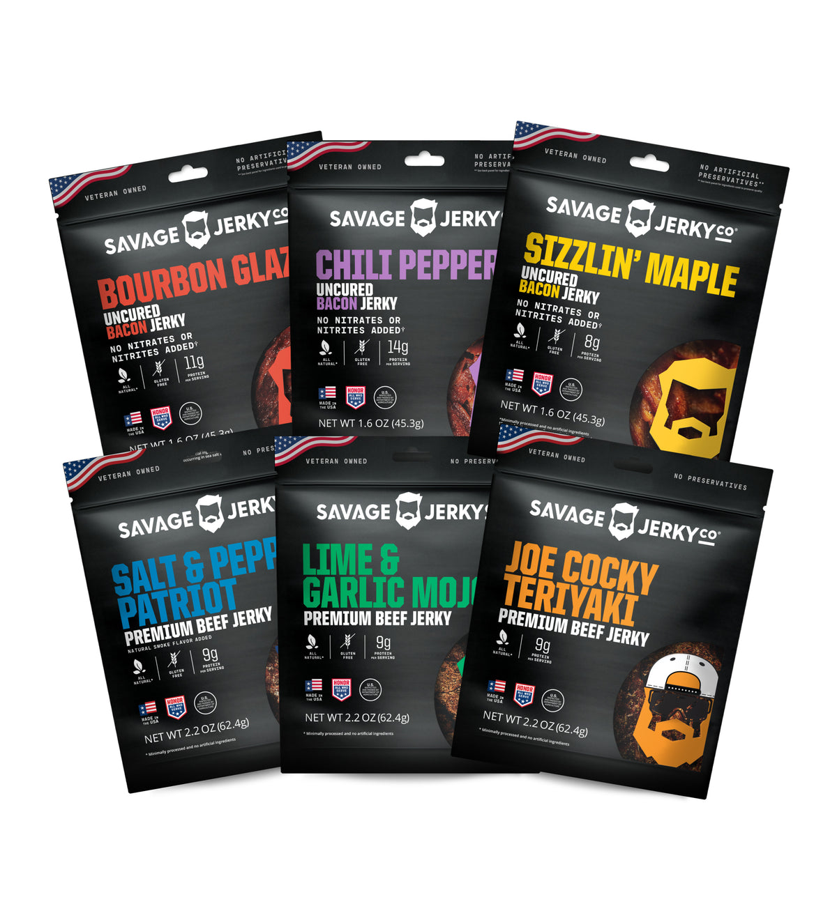 Six packages of Savage Jerky Co. beef jerky arranged in a fan-like layout on a plain white background.