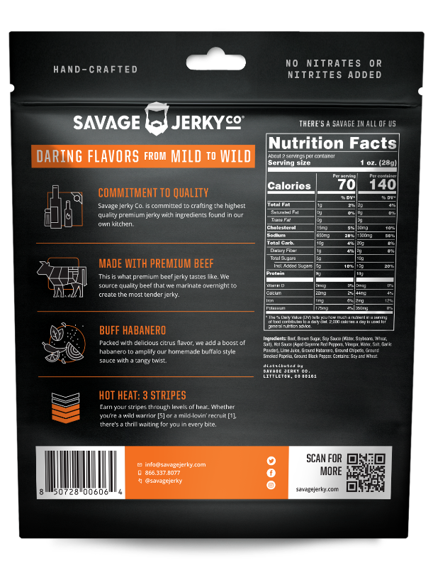 Savage Jerky Buff Habanero packaging with nutritional information and product details on a black background