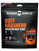 Savage Jerky Co. Buff Habanero Premium Beef Jerky in a black resealable pouch with orange and white text, featuring a circular graphic of a bearded man wearing a habanero hat on the lower right.