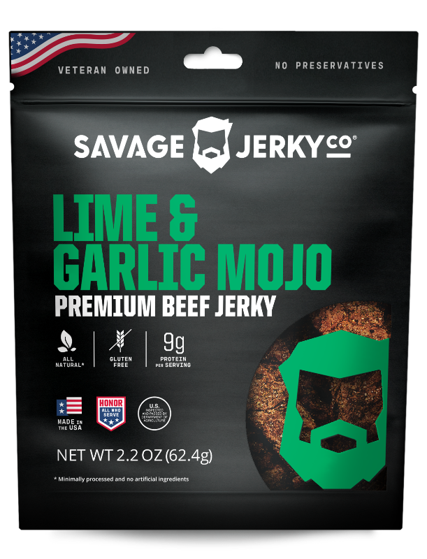 Packaging of Lime & Garlic Mojo premium beef jerky by Savage Jerky Co. with product details and branding visible.
